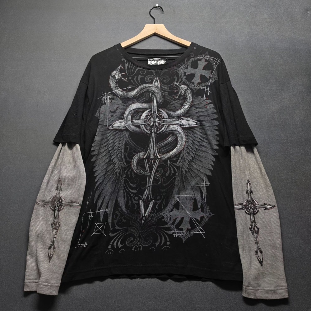 MMA Elite Thermal Layered Shirt Mens 2XL Black Gray Snake Cross Wings Y2K Grunge